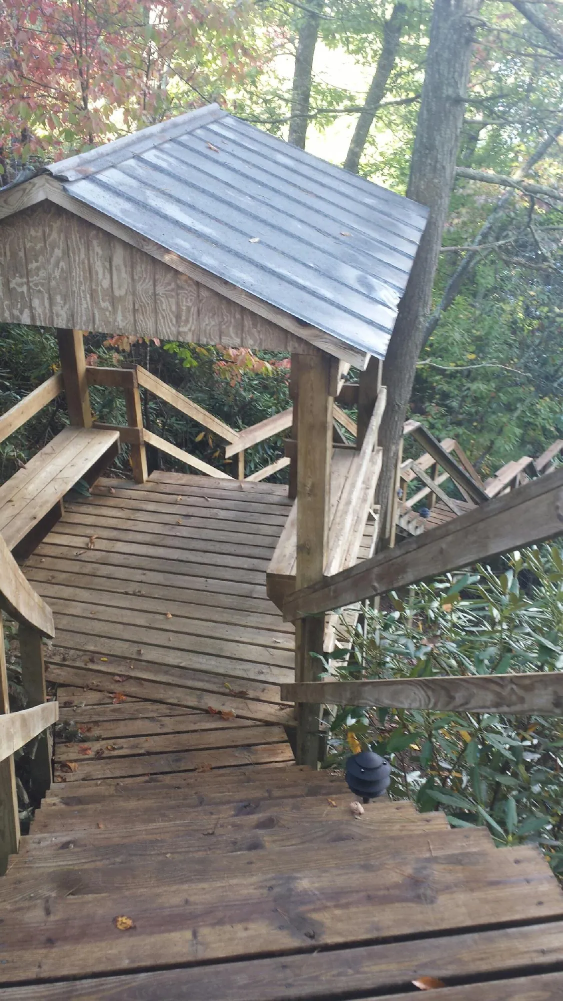 Metal roofed shelter over wooden steps on a wooded walkway — Skylight Repair & Installation work by our crew in Grain Valley